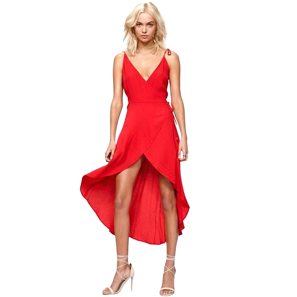 Mink Pink wrap midi dress Red S XS strappy tie waist frill hem cocktail v-neck - Picture 1 of 11